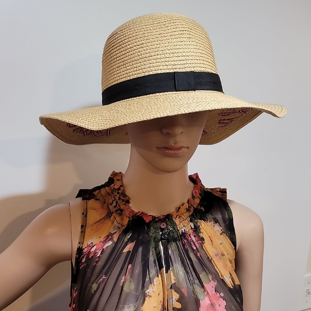 Tan and Black Sun Hat with Embroidered Brim "La Vie en Rose`" - video has sound!